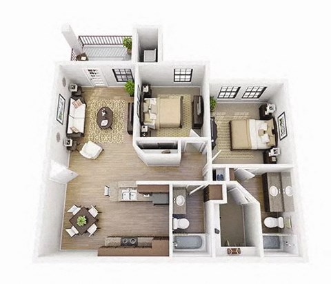 Floor plan for 2 beds, 2 baths, 960 sqft